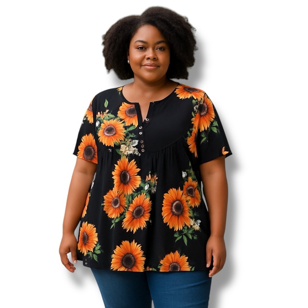 Allegrace Womens Tunic Floral Orange and Black Buttoned Split Collar Stretch 3X